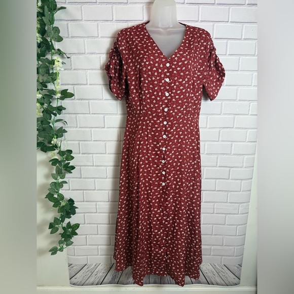 SHEIN Casual Red Puff Sleeve V-Neck Midi Sundress/size L - Picture 1 of 11